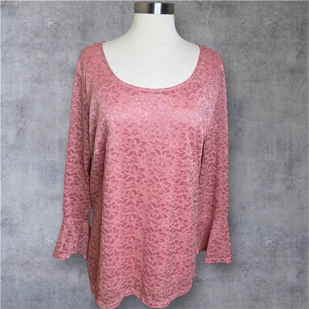 Isaac Mizrahi Live Top XL Pink Floral Lace Built In Tank Sheer Bell Sleeves